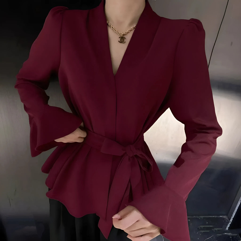 Women's French-style irregular collar long sleeve shirt with bell sleeves and tied front in black colour
