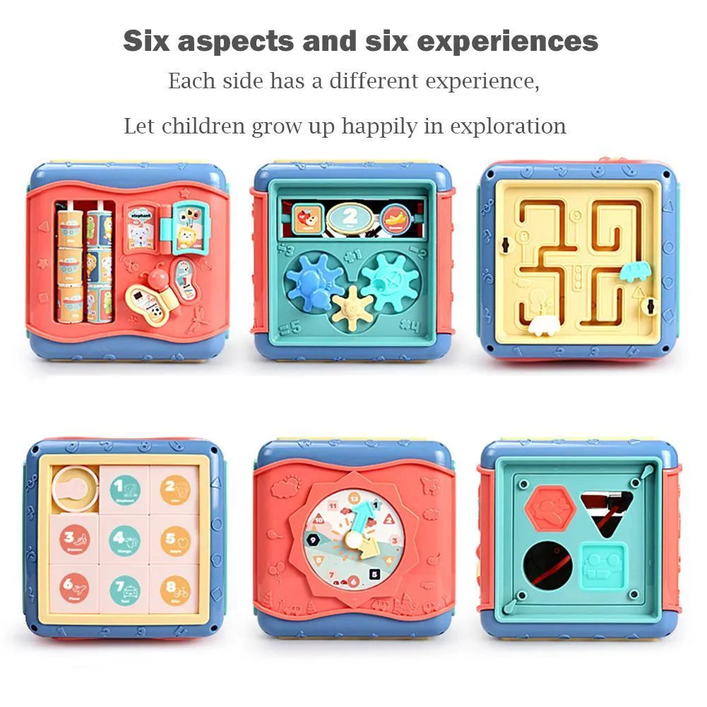 Colourful six-sided Montessori educational toy cube with bead maze, gears, and shape sorting activities