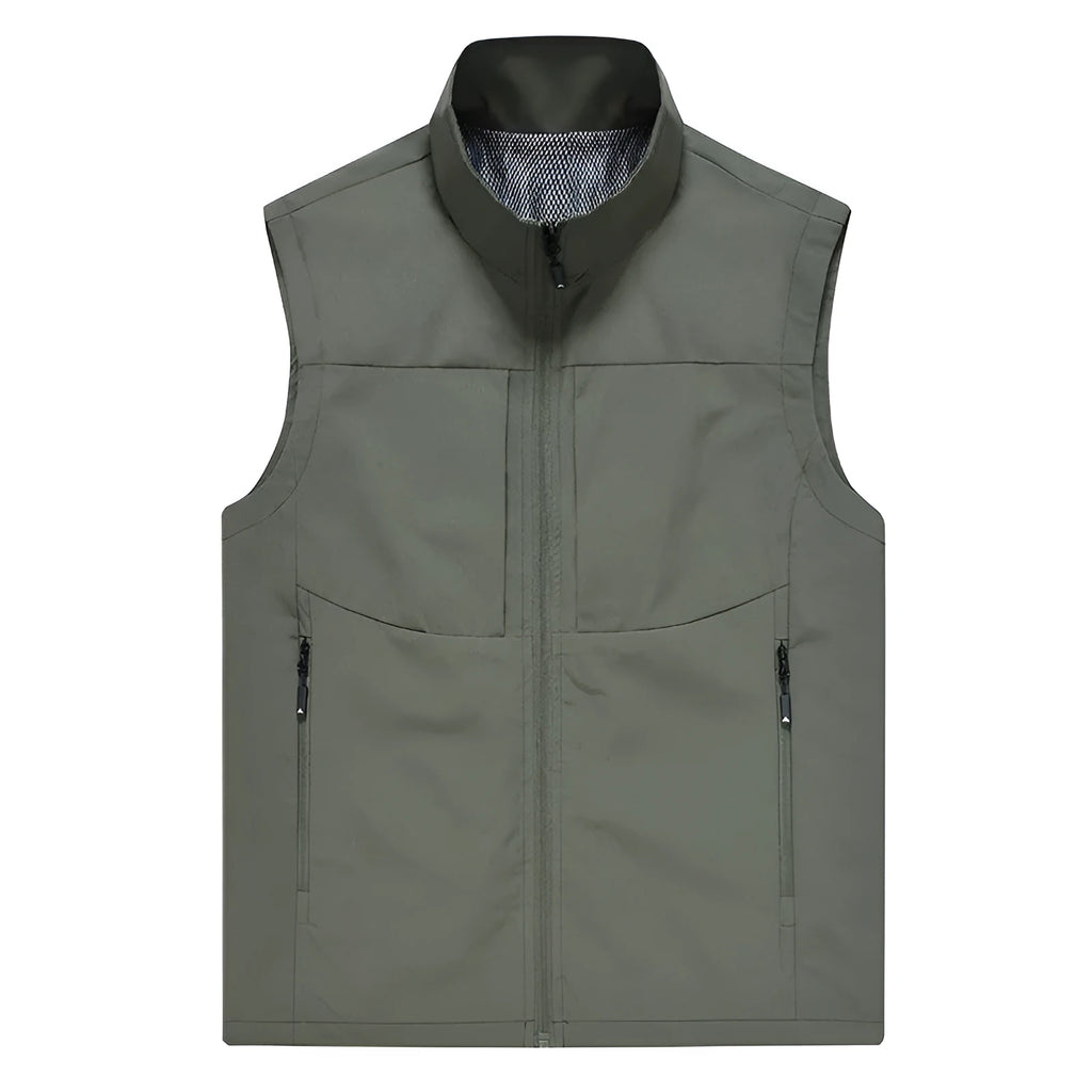 Men's loose fit stand collar polyester cardigan vest in khaki colour with zippered pockets.