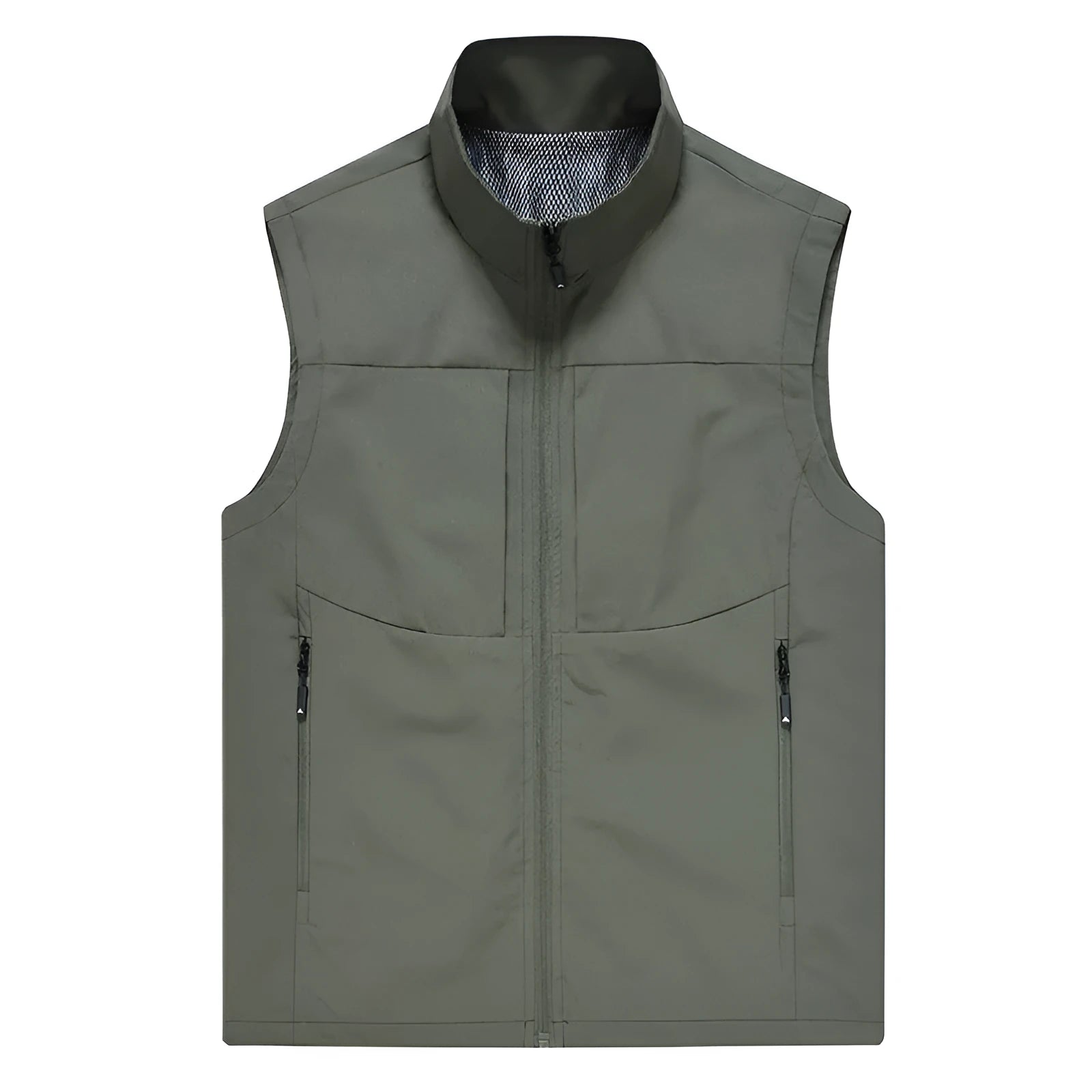 Men's loose fit stand collar polyester cardigan vest in khaki colour with zippered pockets.
