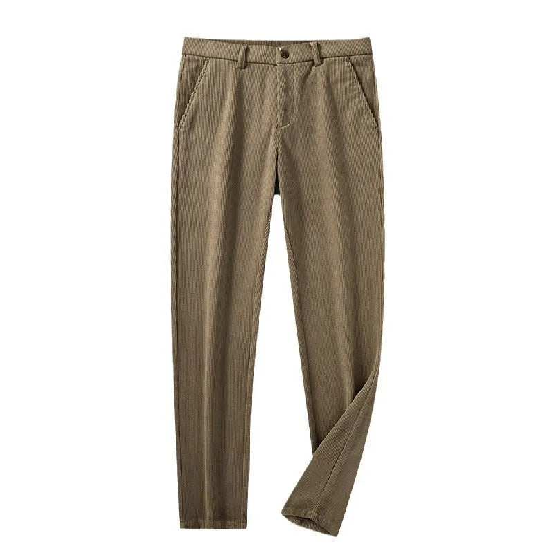 British retro striped straight pants in polyester blend fabric with zip placket fly opening