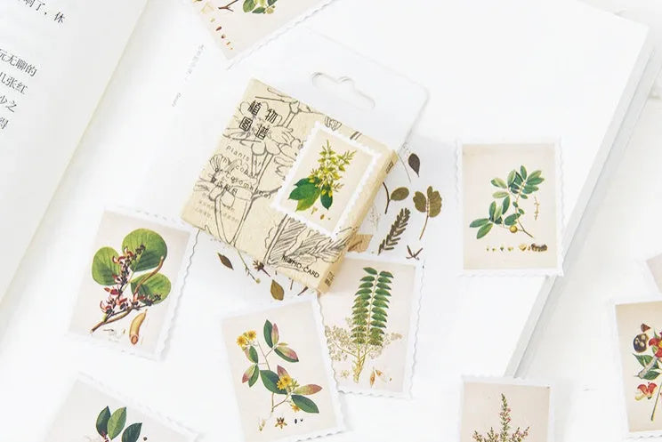 45 piece vintage plant sticker set with coated paper finish featuring retro botanical illustrations