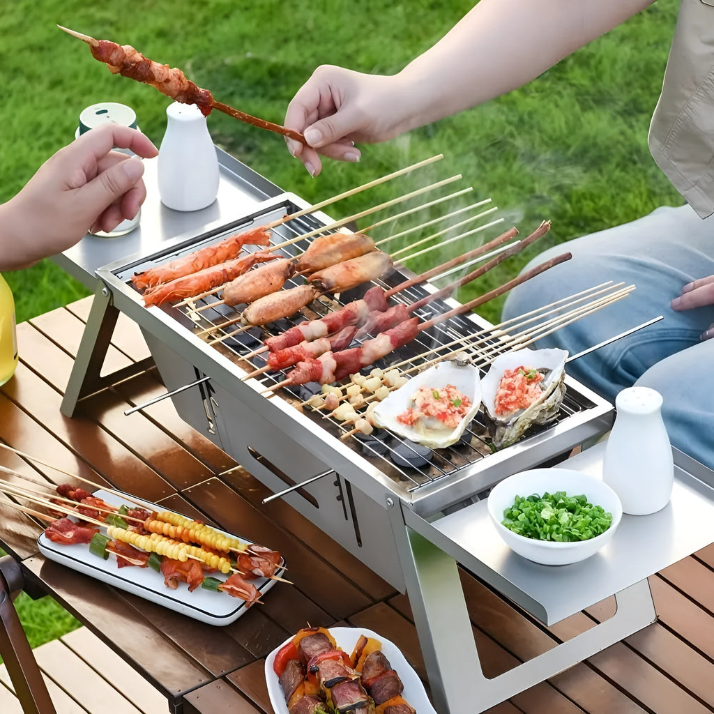Small portable charcoal grill shown in folded and unfolded positions for outdoor cooking