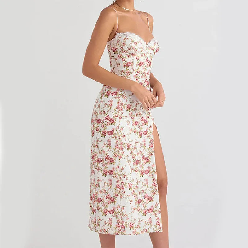 Women's lace floral print long dress with suspender straps and side slit in blue colour