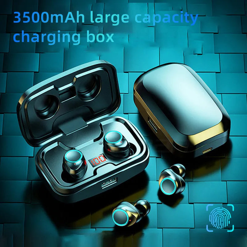 Black Bluetooth wireless earbuds with charging case that functions as mobile phone power bank