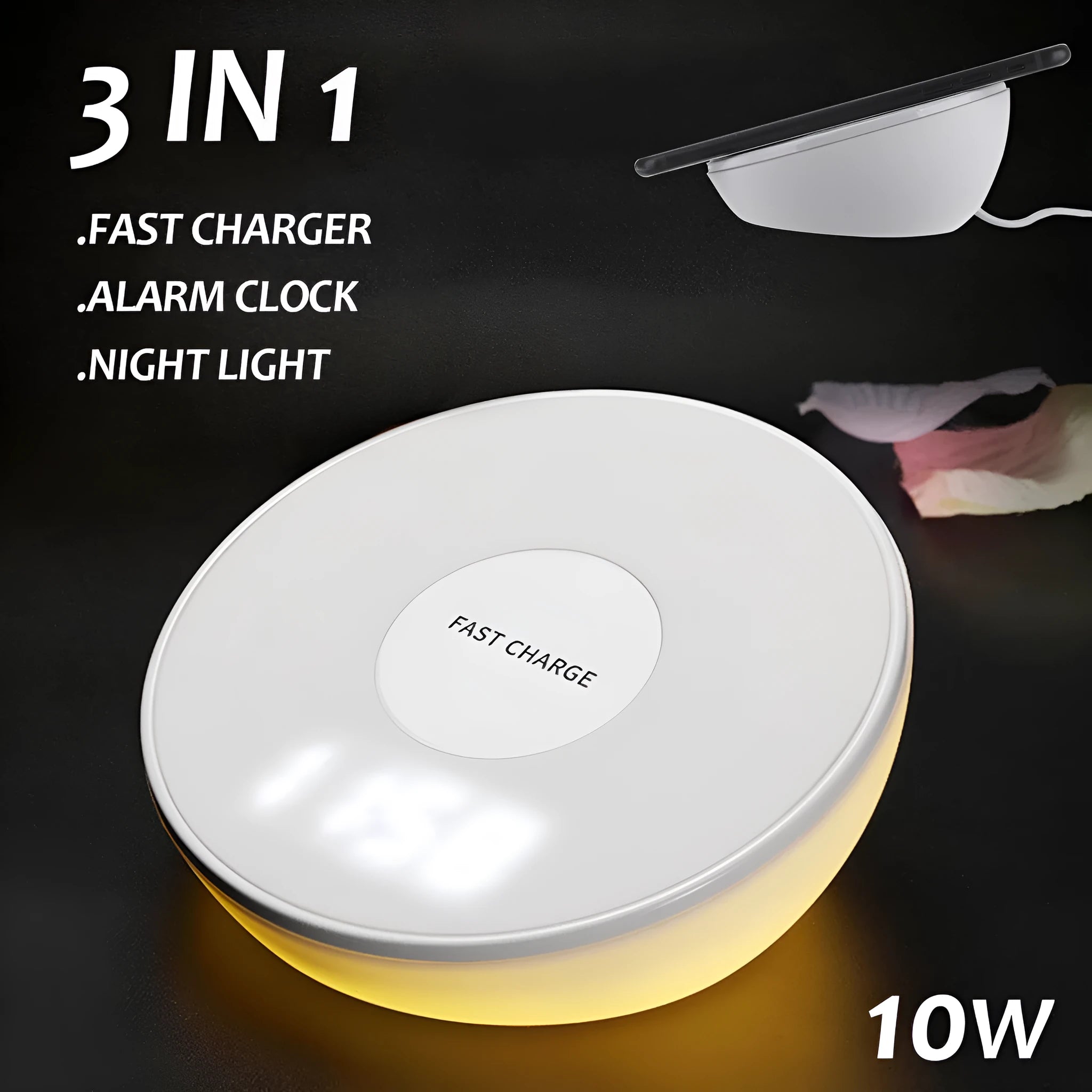 White wireless mobile phone charger with digital clock display showing the time