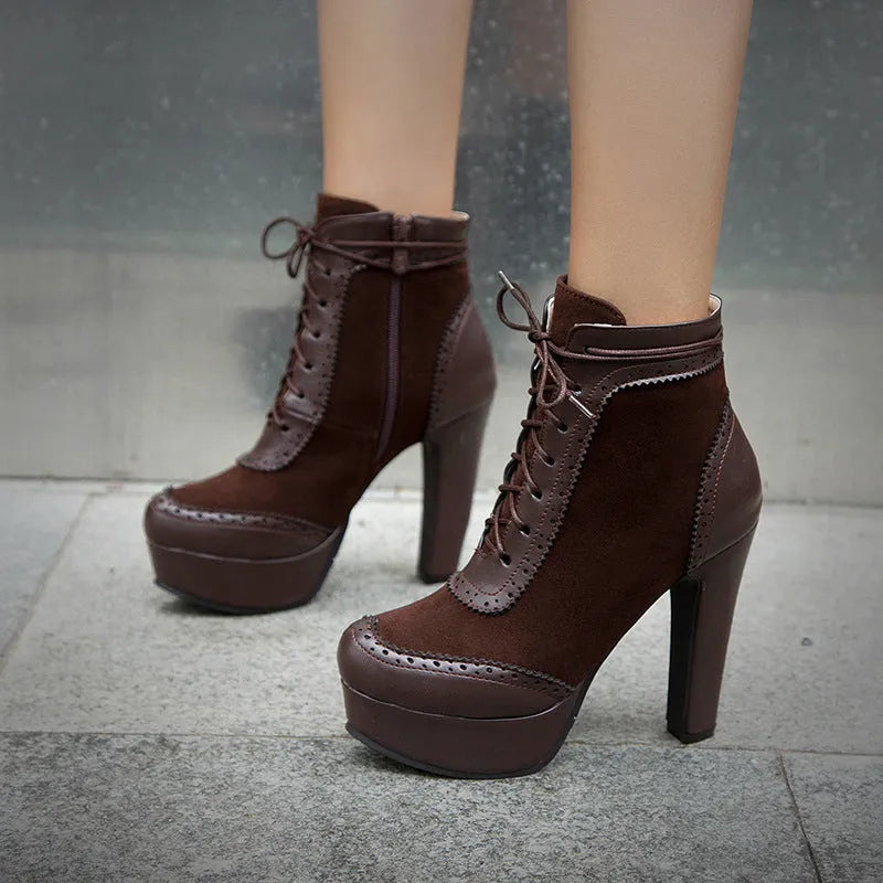 Women's ultra-high heel round toe low-cut Martin boots in solid colour with side zipper, available in black brown gray yellow