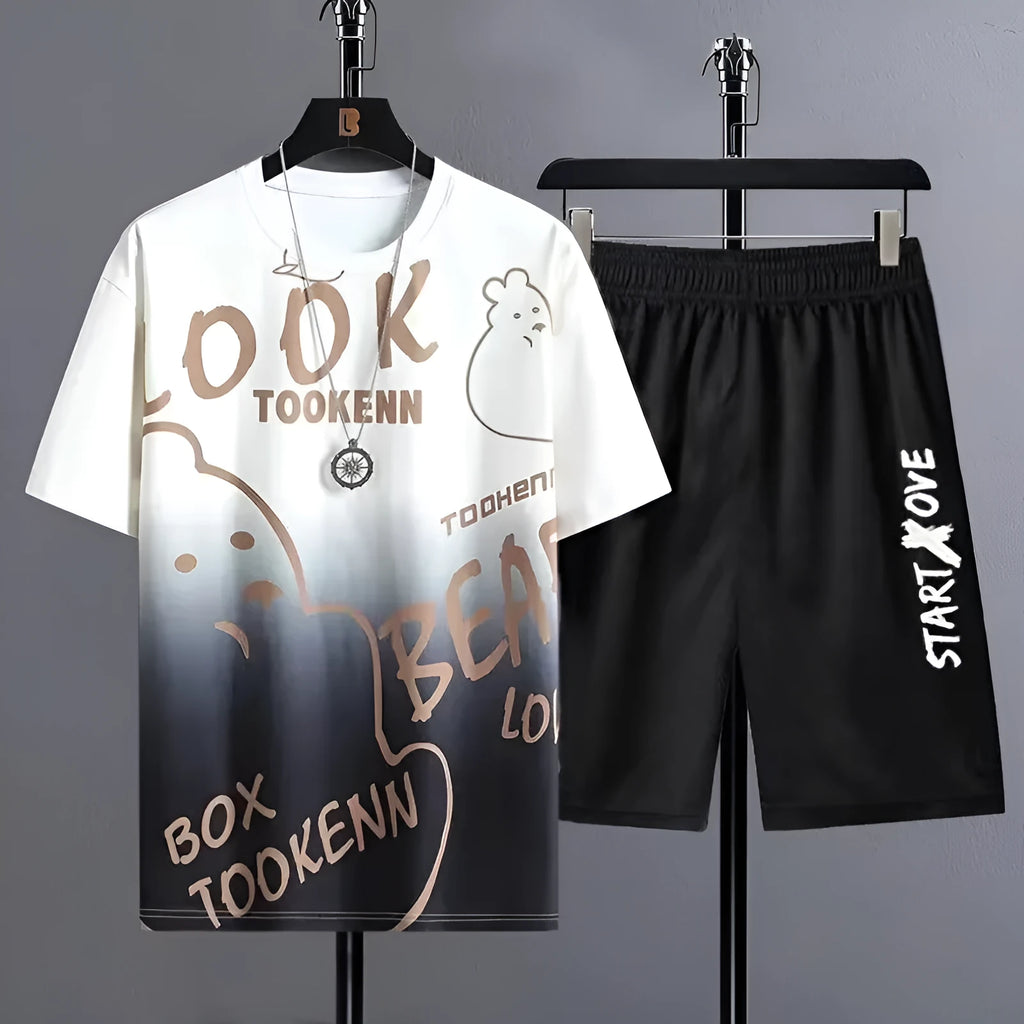 Men's lightweight polyester summer shorts suit set in a colour option, showing short sleeve T-shirt and matching shorts.