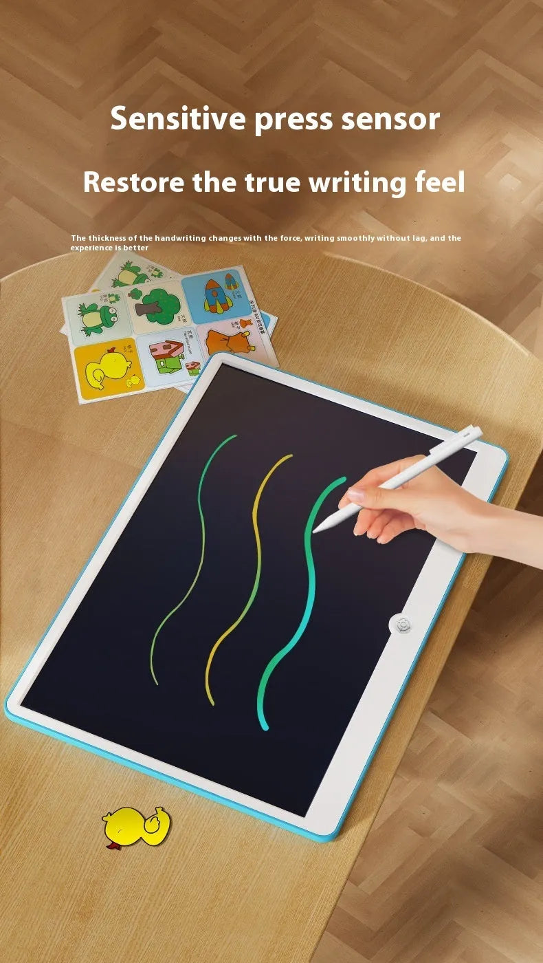 19-inch blue and white LCD children's drawing board showing a child's doodle on screen.