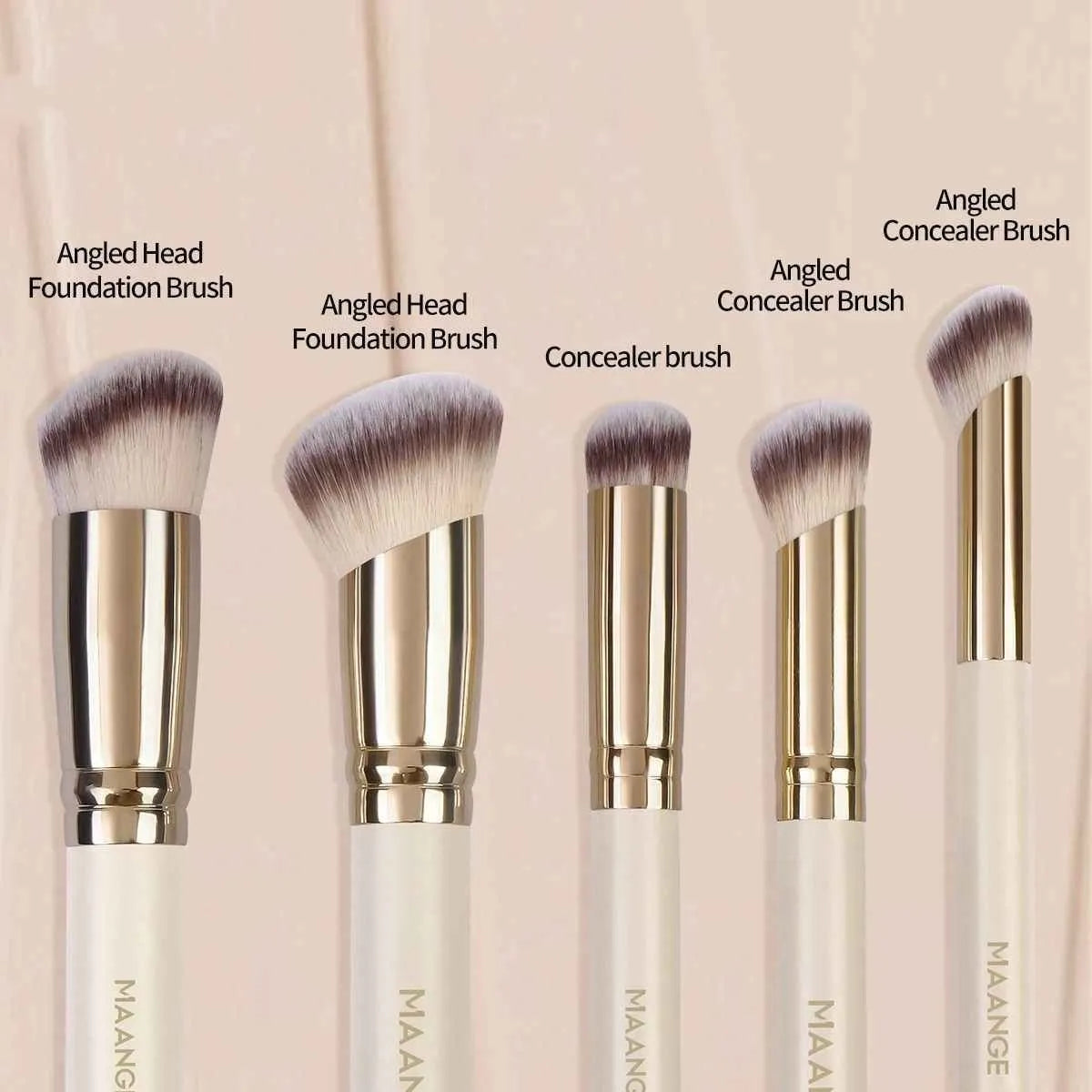 Five apricot makeup brushes with angled blush brush for cheekbone contouring