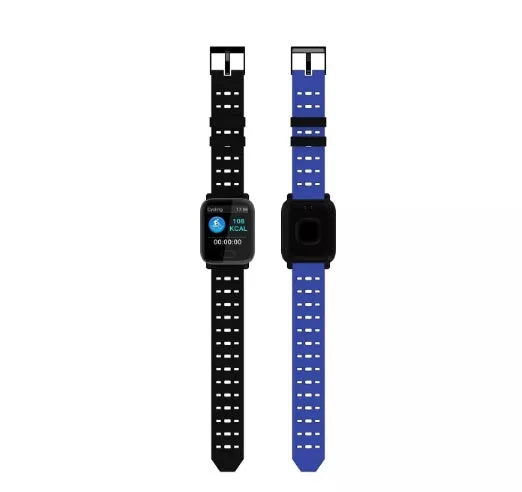 A6 smart bracelet with colour screen and silicone strap in black, blue, or orange.