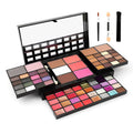 74 colour makeup combination palette open showing four layers of eyeshadows, lip glosses, and face powders with applicators