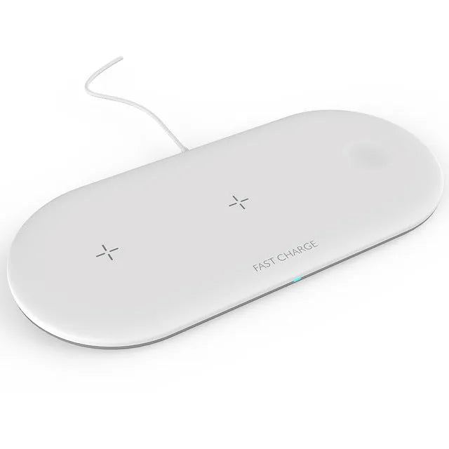 Black or white three-in-one wireless charging station for Apple-compatible phone, watch, and headphones on a desktop