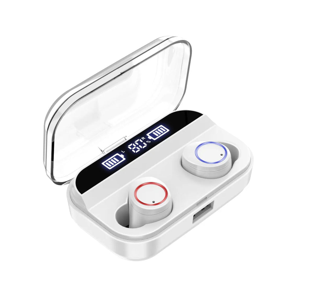 Black X11 Sky-Free wireless Bluetooth earbuds with touch controls and a white charging case.