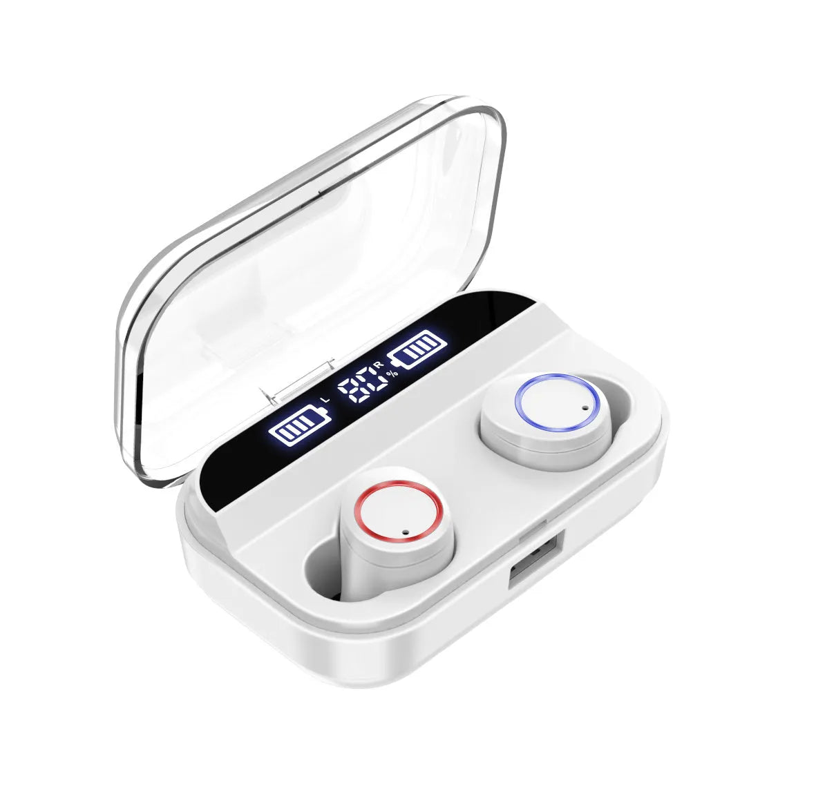 Black X11 Sky-Free wireless Bluetooth earbuds with touch controls and a white charging case.