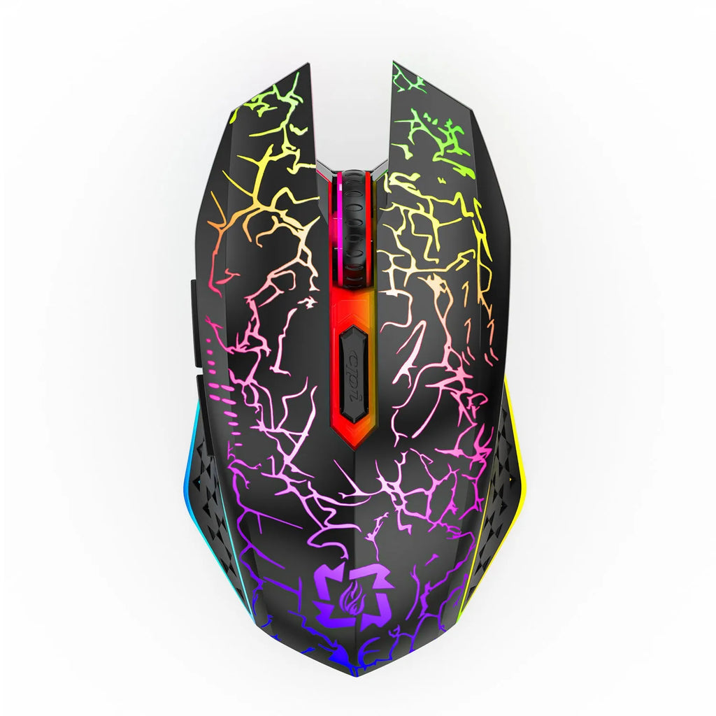 Black and white wireless gaming mouse with luminous breathing light and charging cable for desktop computers
