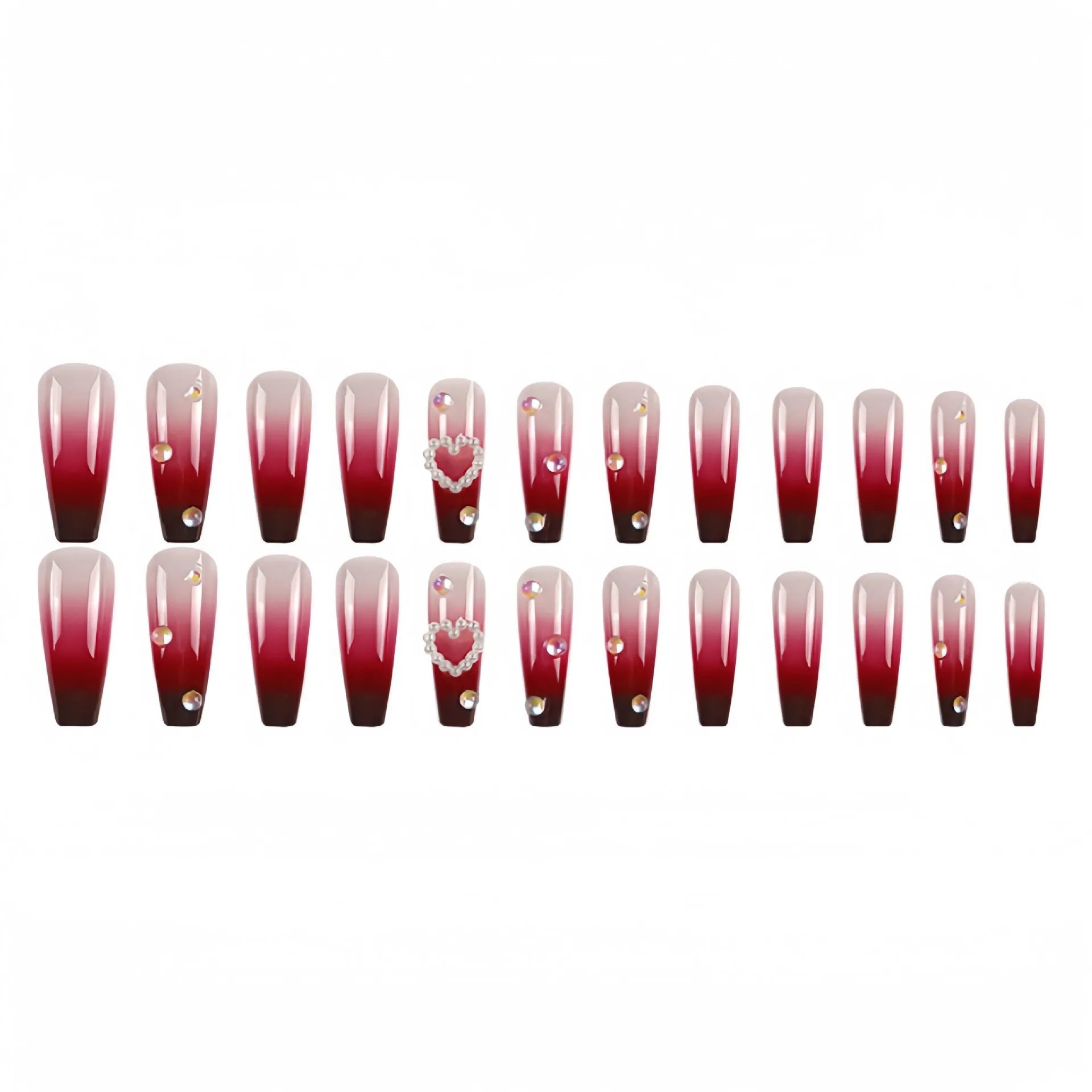 Wine red gradient false nail tips with plaid pattern and pearl heart accents in a long ballet shape.