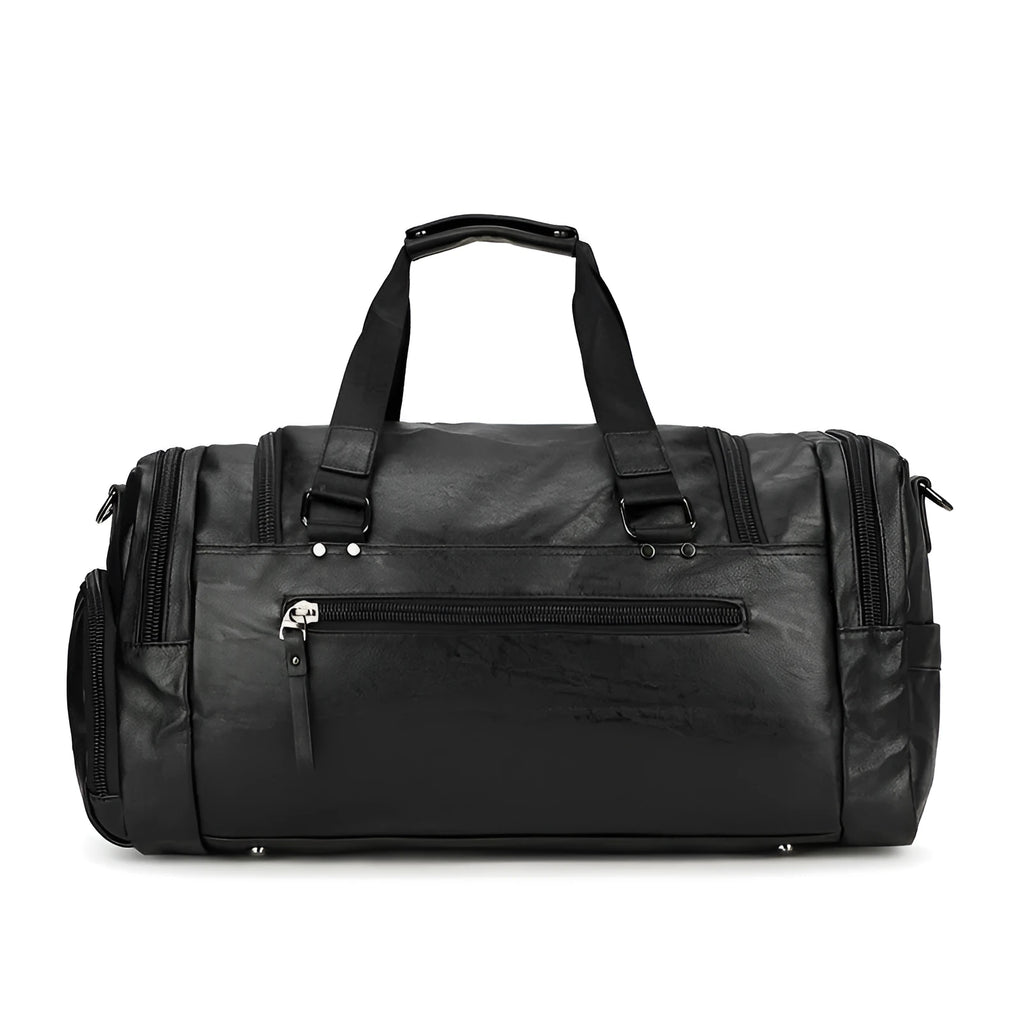 Large black travel bag with a separate shoe compartment, showing its size and durable PU fabric construction.