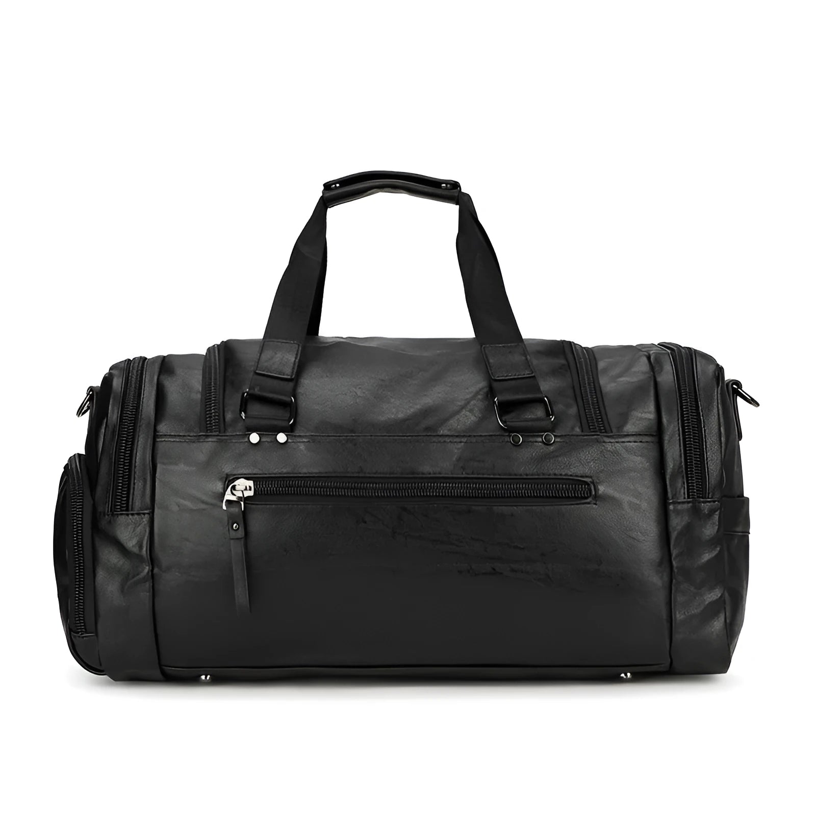 Large black travel bag with a separate shoe compartment, showing its size and durable PU fabric construction.