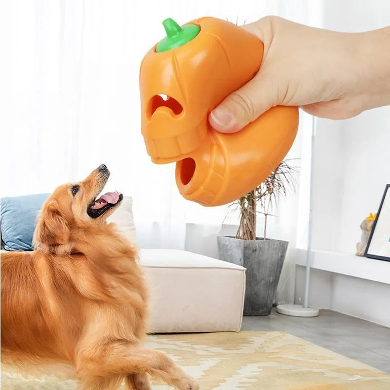 Yellow pumpkin-shaped TPR dog chew toy for aggressive chewers, 8.6x11.5cm