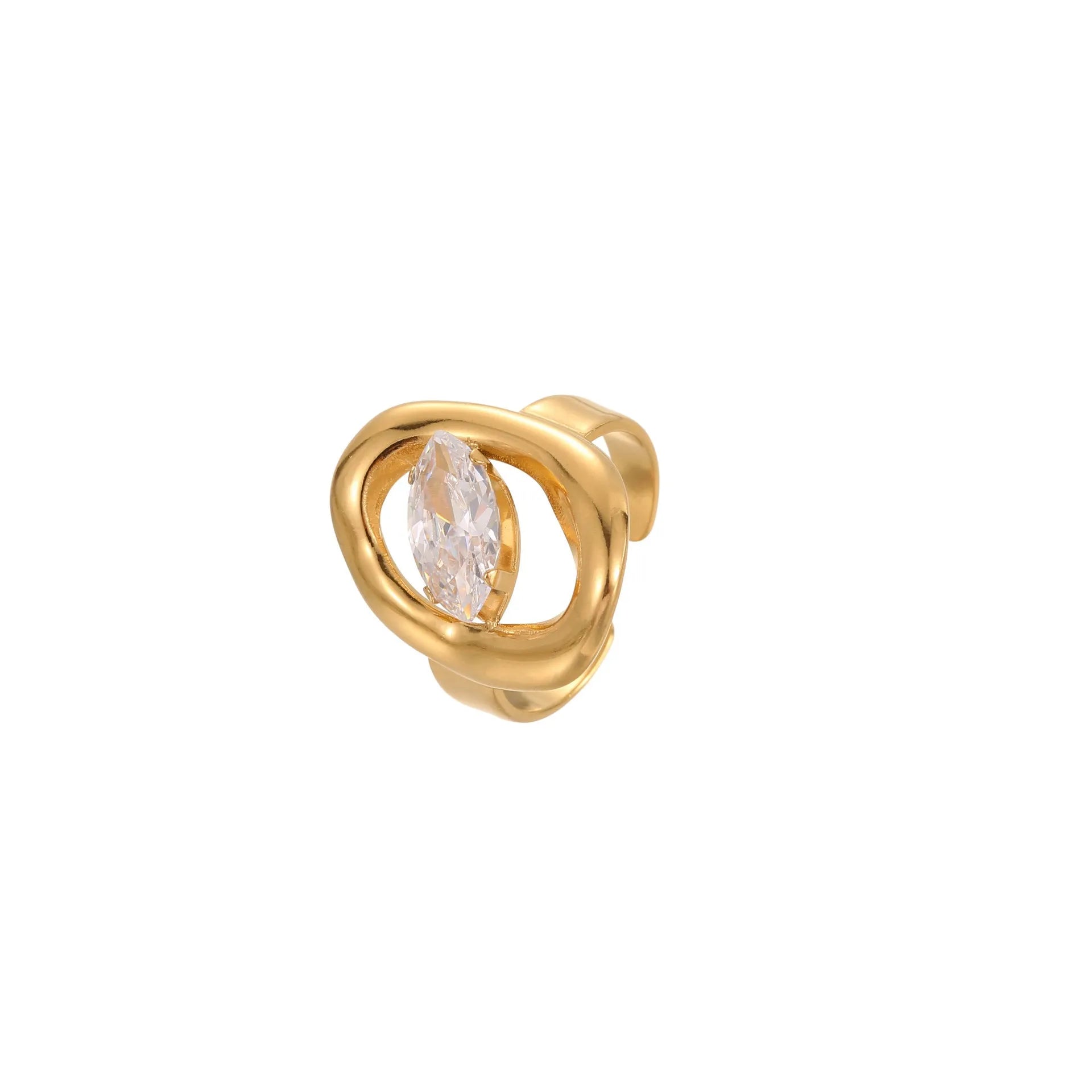 Stainless steel geometric zircon ring with open mouth adjustable design on a woman's hand.