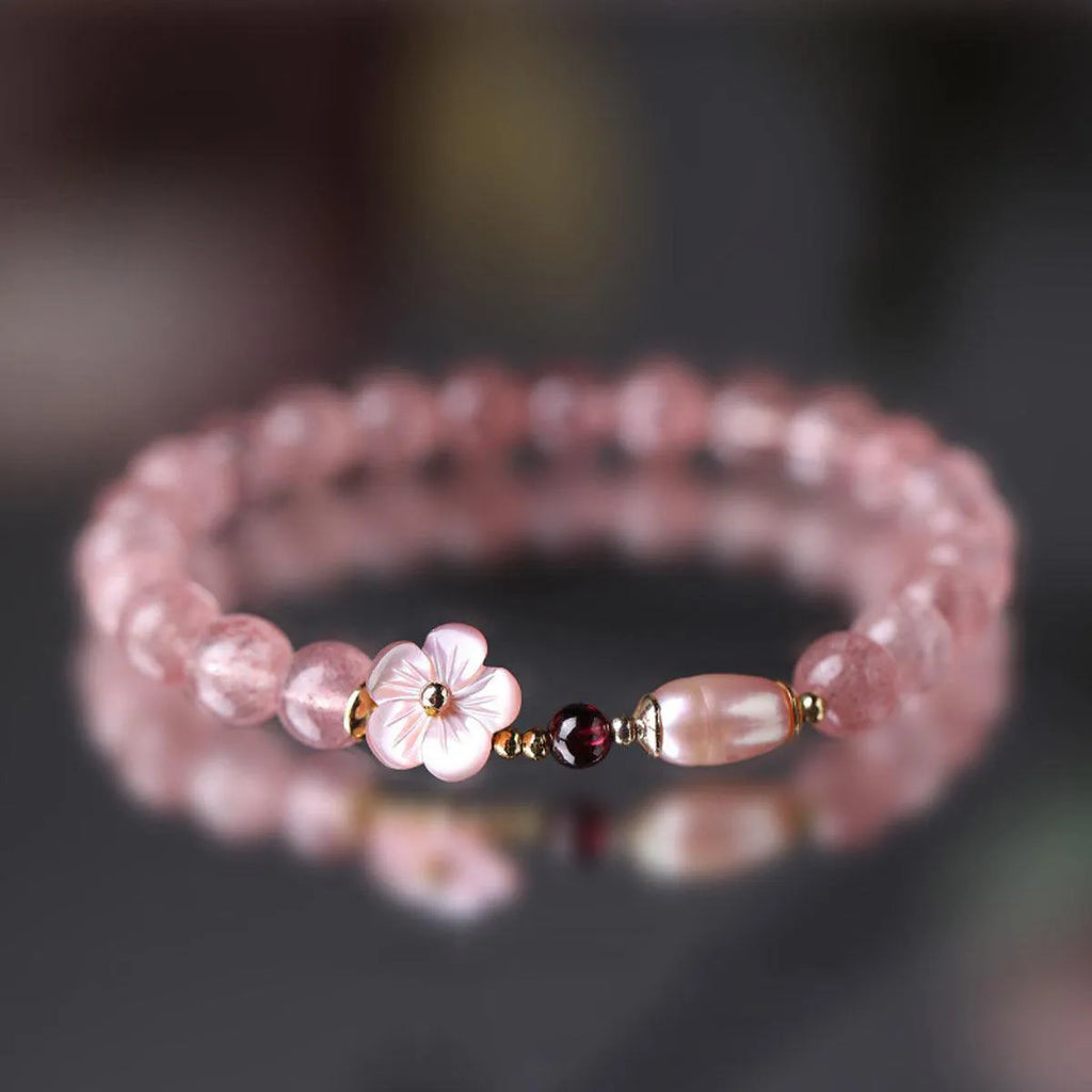 Strawberry quartz crystal bracelet with peach blossom flower design for women