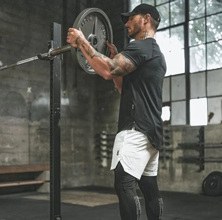 Plain men's gym shirt in a cotton and spandex blend shown in multiple colour options.