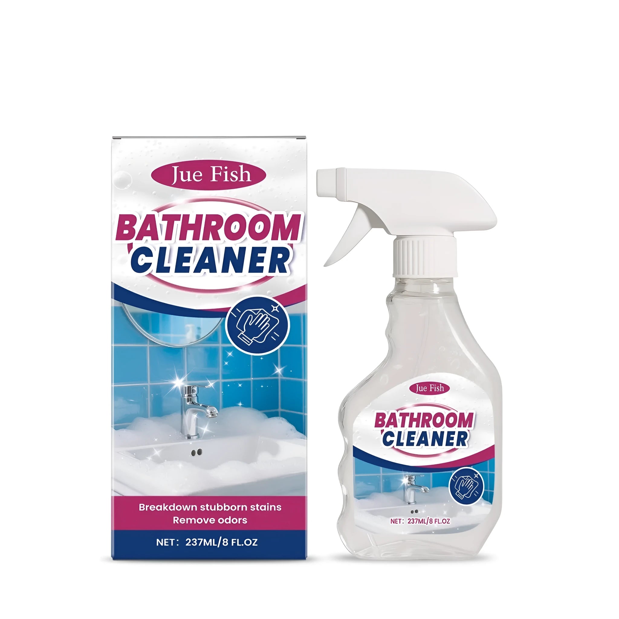 A 237ml bottle of bathroom cleaner liquid on a bathroom tile background.