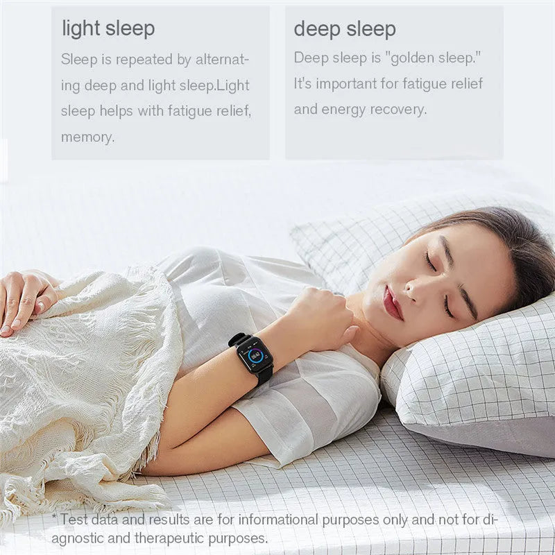 Black waterproof smart bracelet with 1.4-inch screen showing heart rate monitoring display
