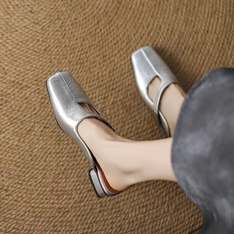 British style square toe leisure slippers in black, beige, and silver colours with low heel design