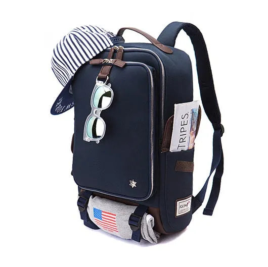 Korean-style men's Oxford cloth backpack in Army Green, showing its large capacity and dimensions.