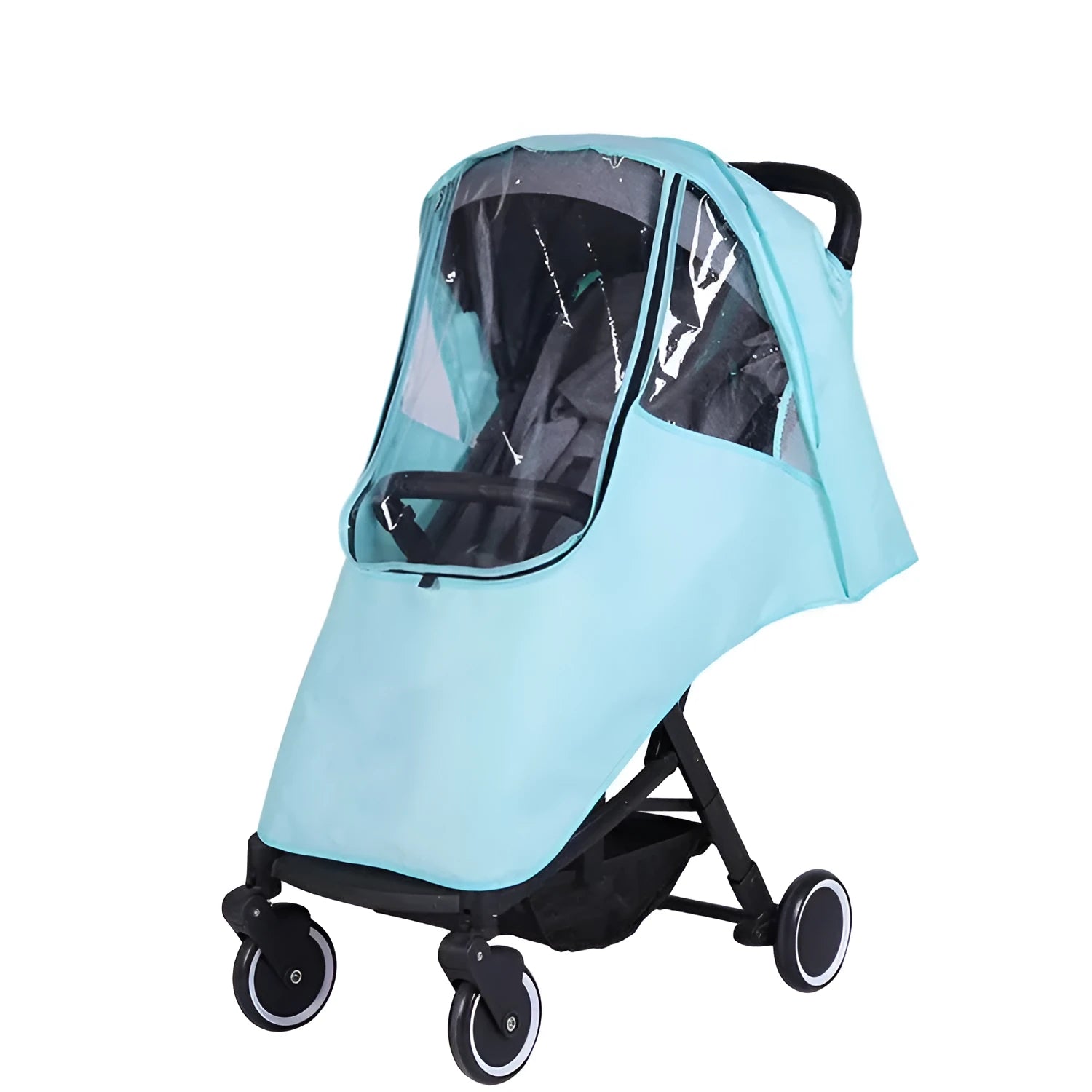 Universal baby stroller rain cover in waterproof cationic linen shown in pink, blue, and grey colour options.