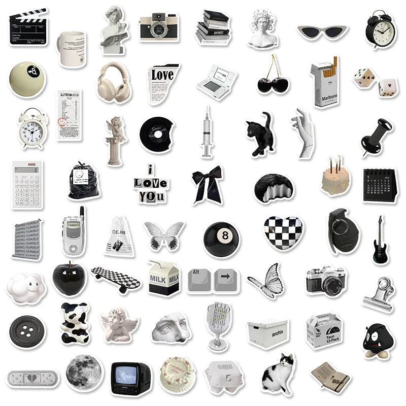 61 black and white PVC waterproof stickers for laptops, phones, and luggage customisation