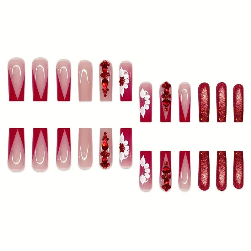 Sweet floral pattern fake nails with prismatic red diamonds in European square shape