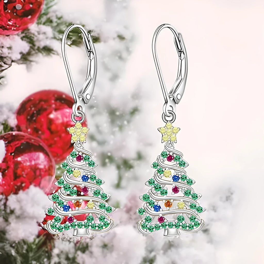 Women's Christmas tree earrings with white gold colour finish and star design elements