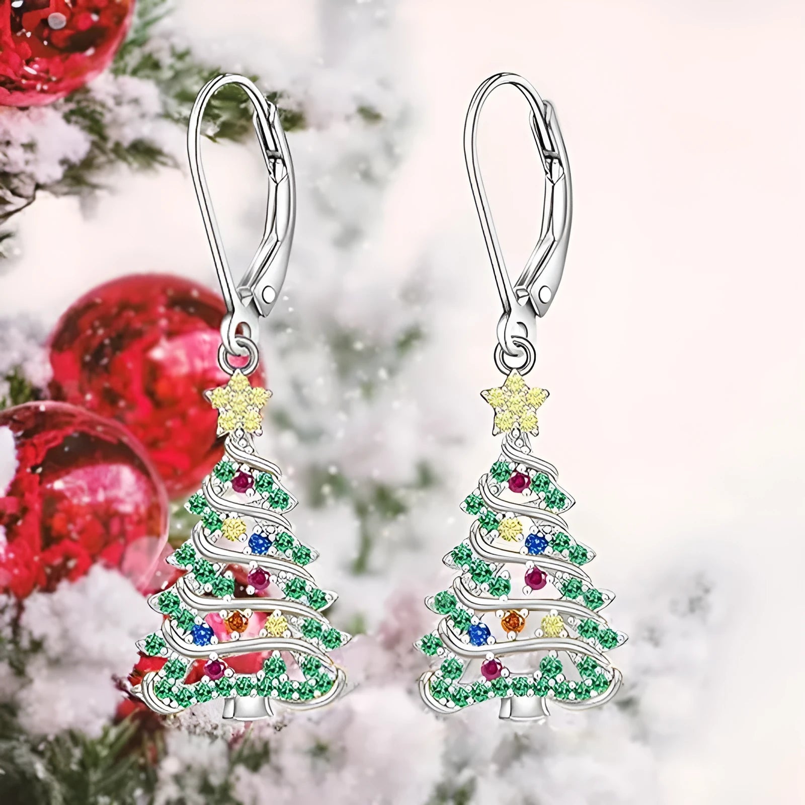 Women's Christmas tree earrings with white gold colour finish and star design elements