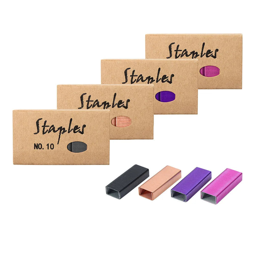 Box of 1000 metal office staples in rose gold, black, purple, and rose red colour options.