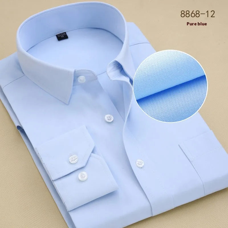 Men's black long sleeve cotton business shirt on a hanger showing slim fit and solid colour