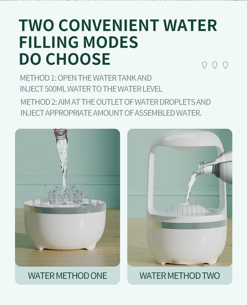 Black or white anti-gravity humidifier showing water droplet effect, with USB cable and 500ml water tank.