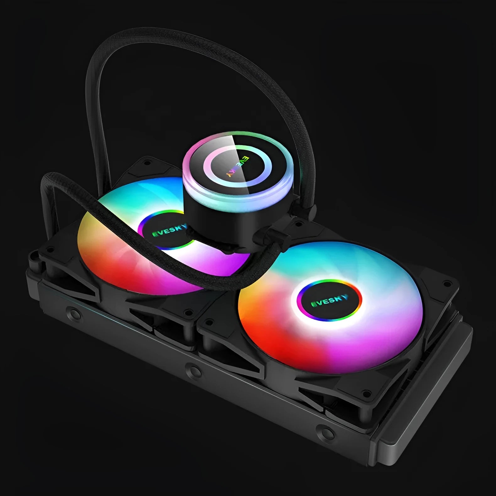 Aluminium CPU liquid cooling radiator with fan, available in 120mm, 240mm, and 360mm sizes with RGB lighting options.