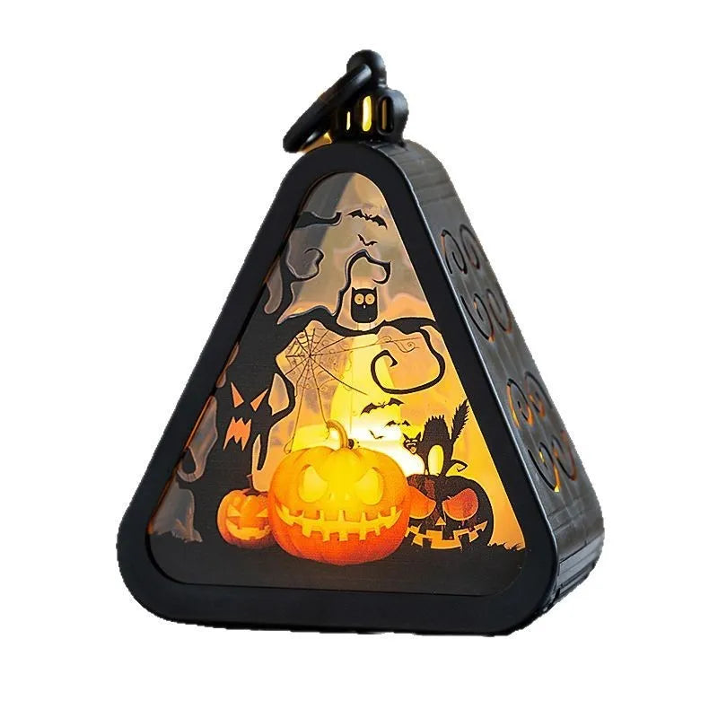 Halloween pumpkin lamp decoration in plastic and glass measuring 8.9 by 5.2 by 11.5 cm