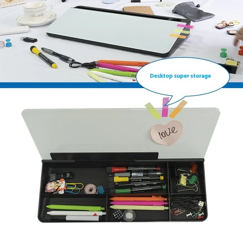 Table top glass whiteboard 18x40cm in black with marker on desk