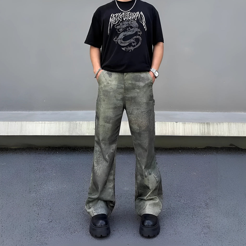 Men's digital camouflage straight leg jeans in cotton denim with retro pattern and mid waist fit