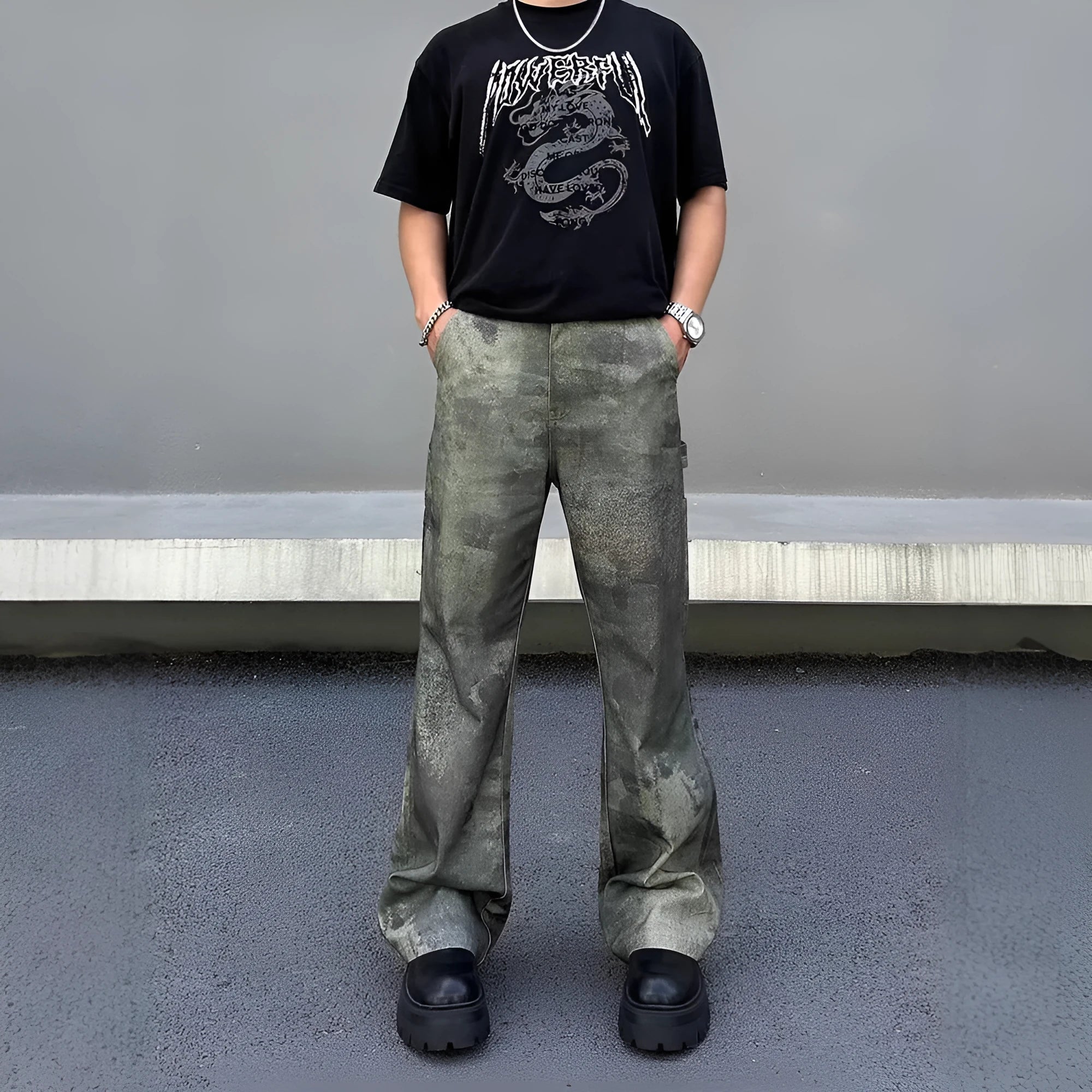 Men's digital camouflage straight leg jeans in cotton denim with retro pattern and mid waist fit
