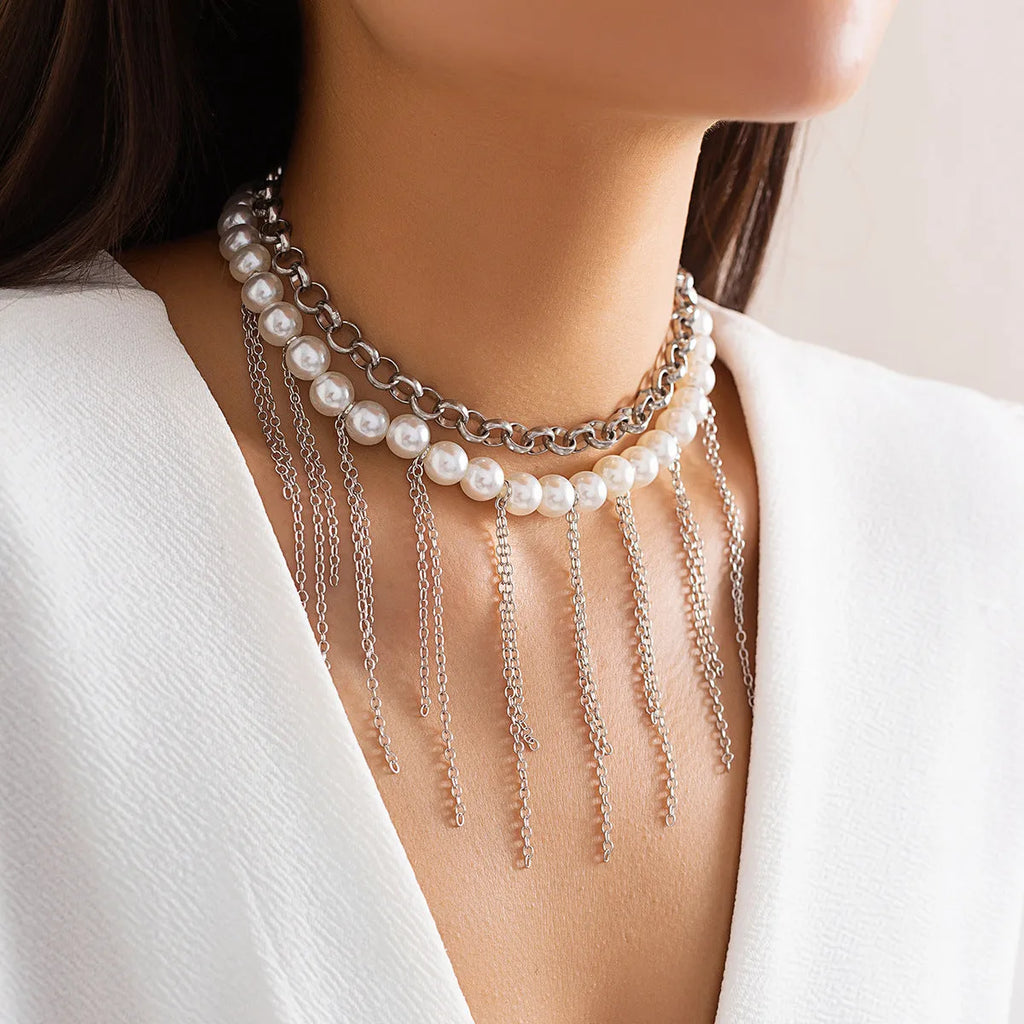 Double-layer imitation pearl tassel necklace with iron pendant and ball bead chain in white K colour