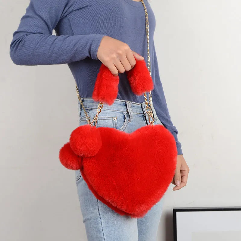 Heart-shaped women's plush handbag with shoulder strap in multiple colour options