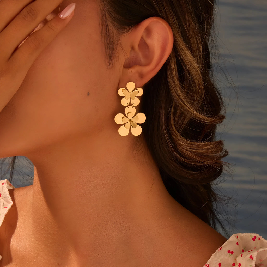 Gold flower butterfly stainless steel earrings with geometric zodiac designs for women