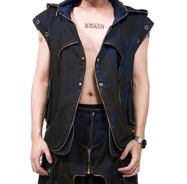 Blue denim vest coat with hood and matching trousers Korean style set