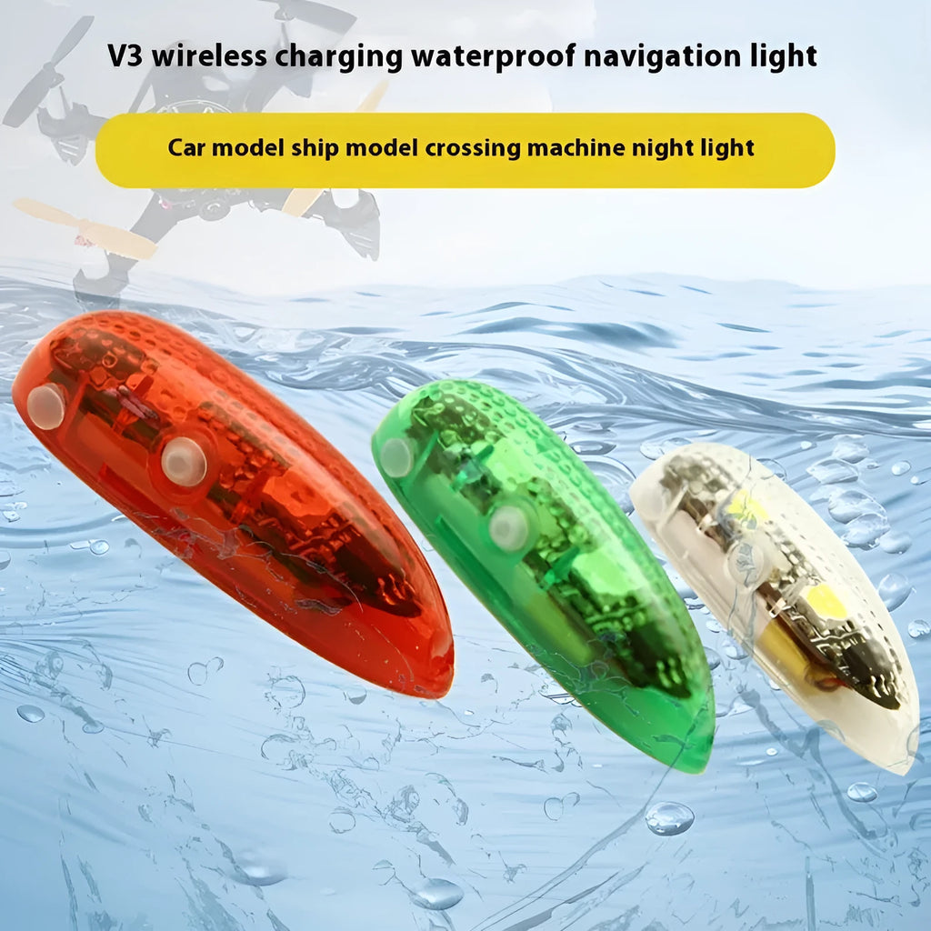 V3 wireless charging waterproof navigation light for model cars and boats, showing red, green, and white colour options.