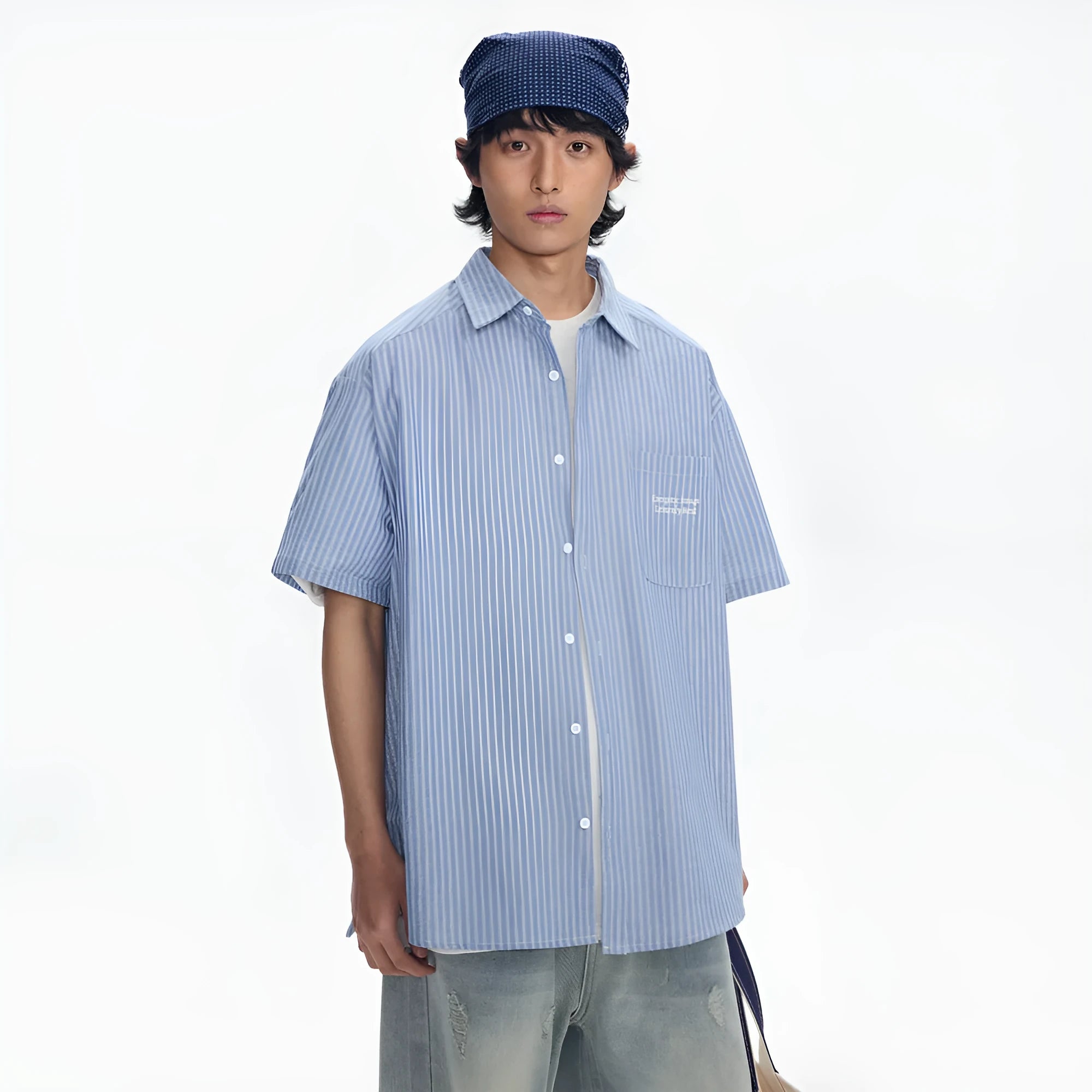 Blue striped short-sleeved overall shirt with cardigan style in cotton blend fabric